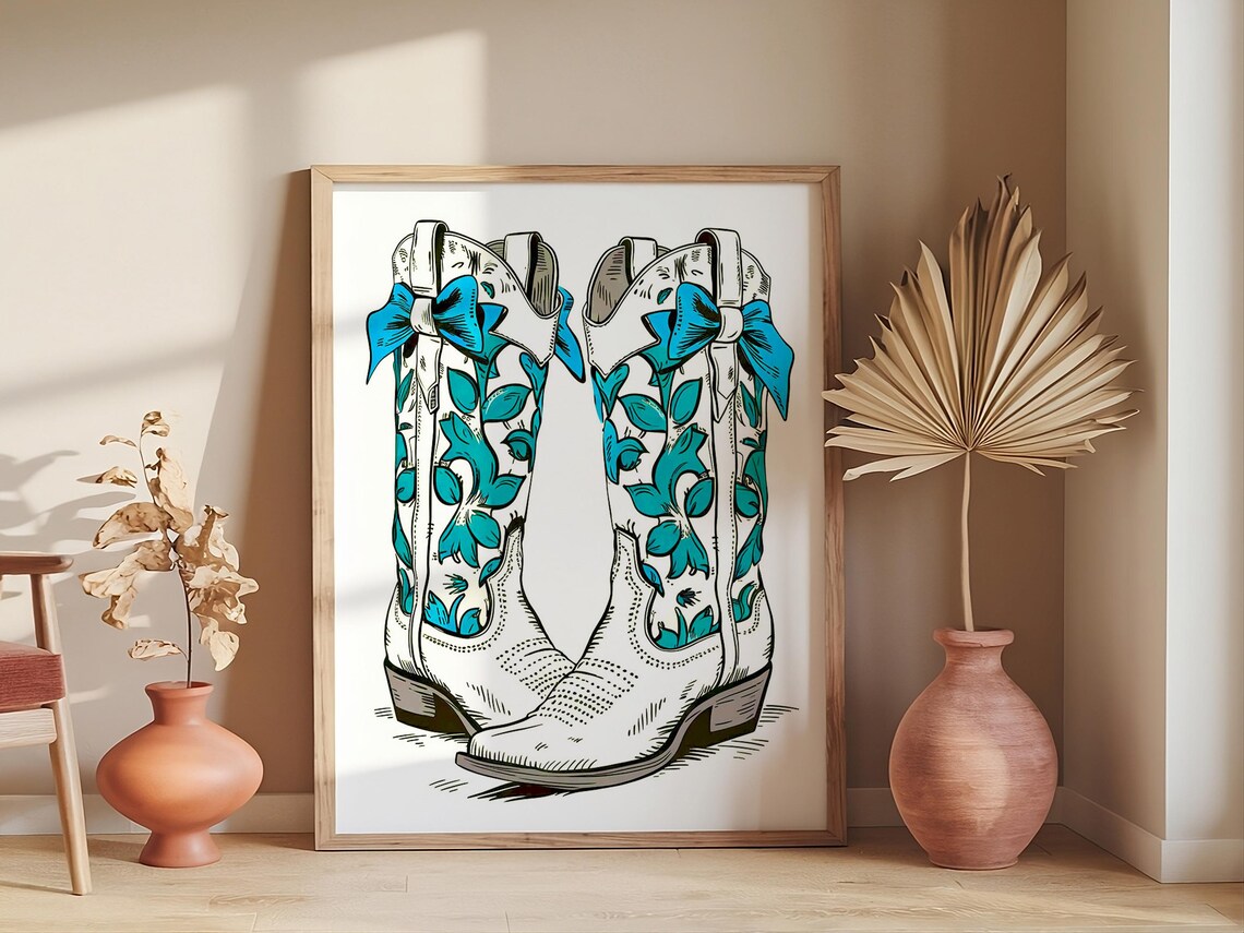 Red Floral Pattern Cowgirl Boots With Bows Western Style Poster - Image 4