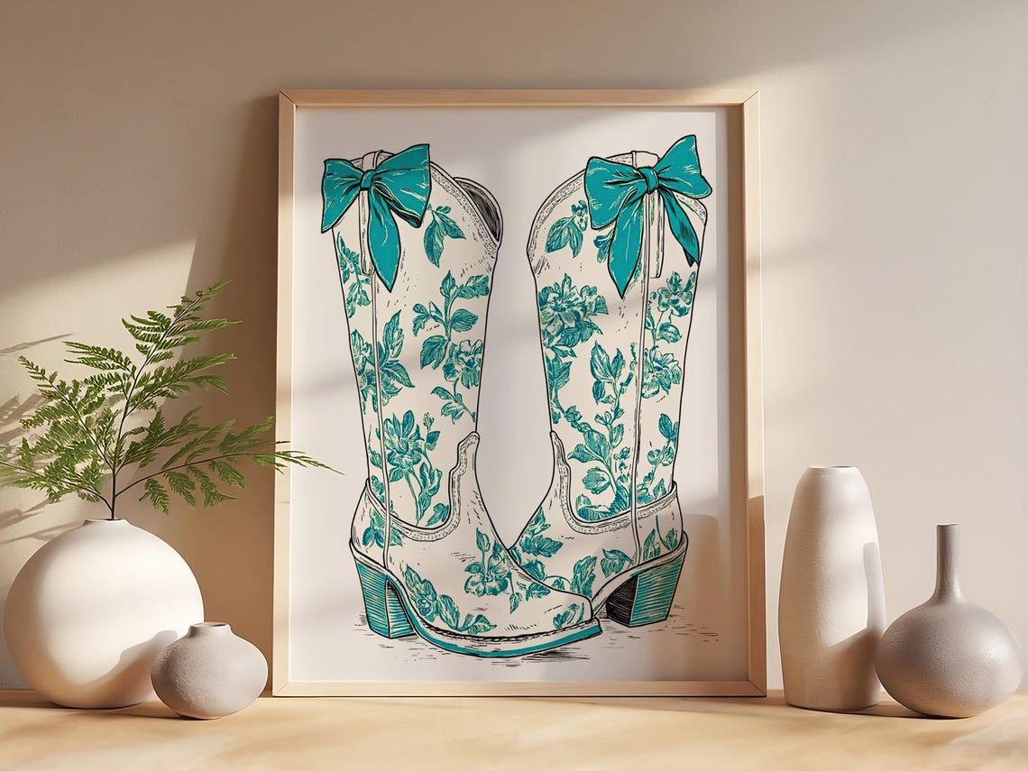 Teal Floral Pattern Cowgirl Boots With Bows Western Style Poster - Image 4