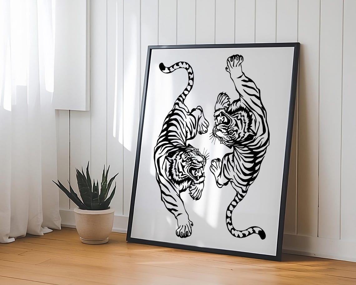 Pair Of Orange Tigers Mirrored Minimalist Line Art Wildlife Poster - Image 2