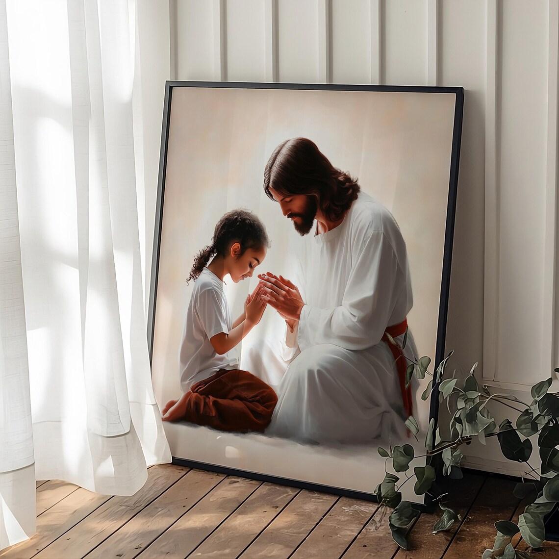 Jesus Praying with a Young Boy Tender Christian Faith Poster - Image 2