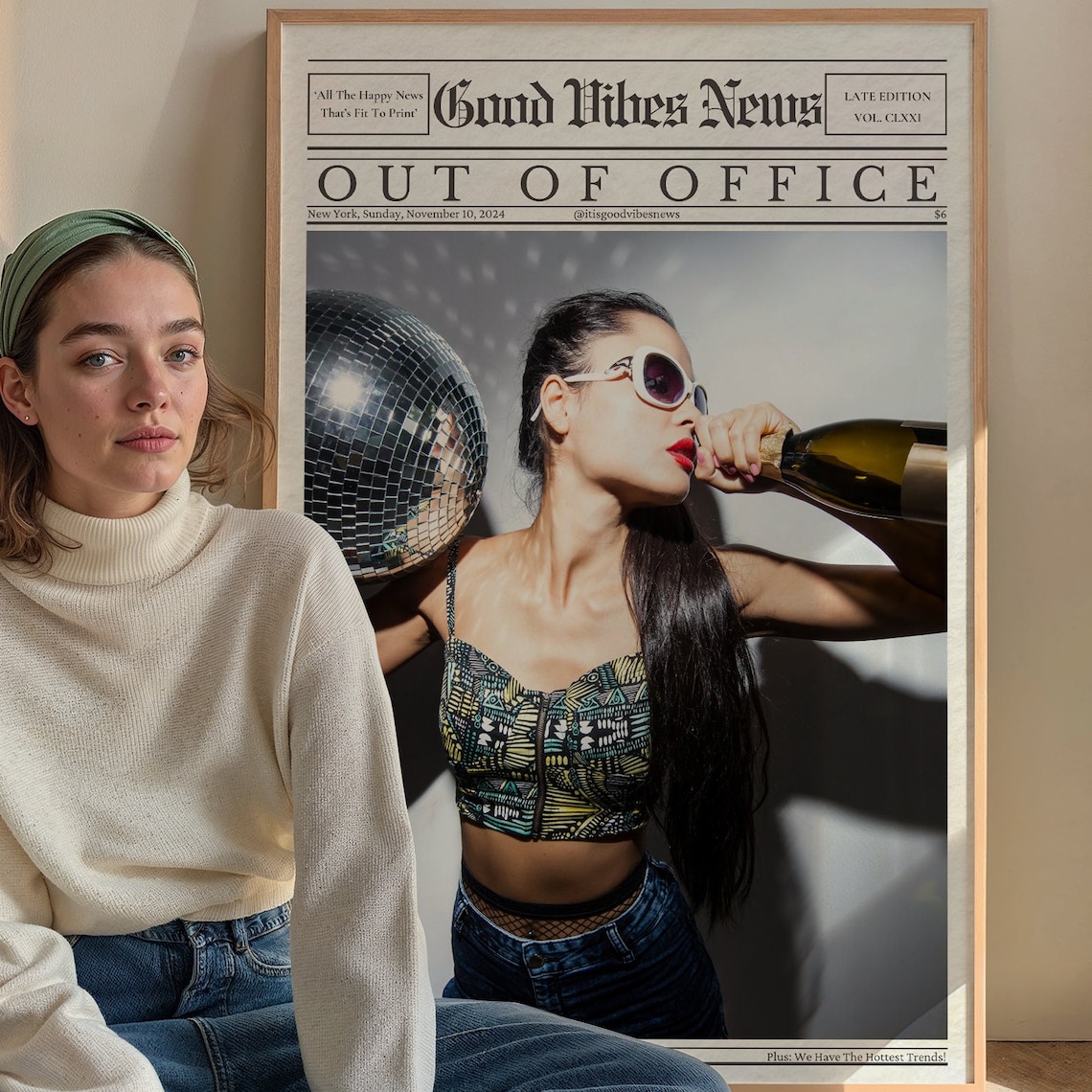Out Of Office Wall Art Trendy Newspaper Print Champagne Disco Ball Poster Good Vibes News Art Bar Cart Art