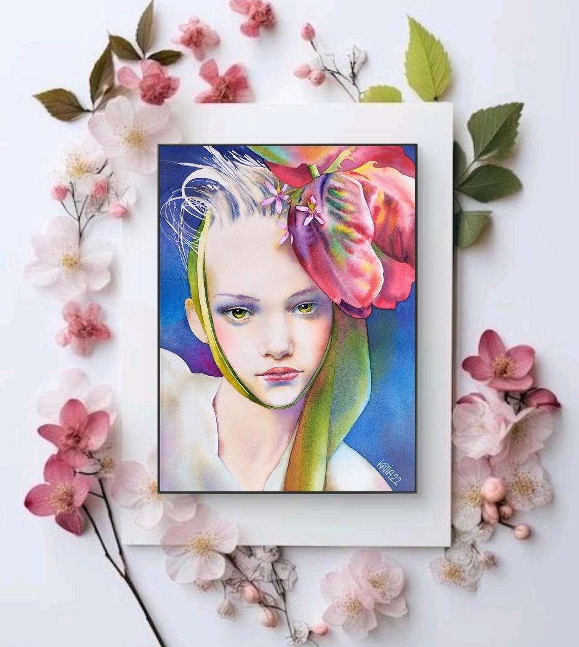 Painting Portrait Of Young Woman With Tulip Flower Spring Fairy Slavic Girl Original Watercolor Handmade Wall Art Work