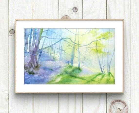 Misty Sunlit Forest Path Watercolor Magic Woodland Landscape Art Poster