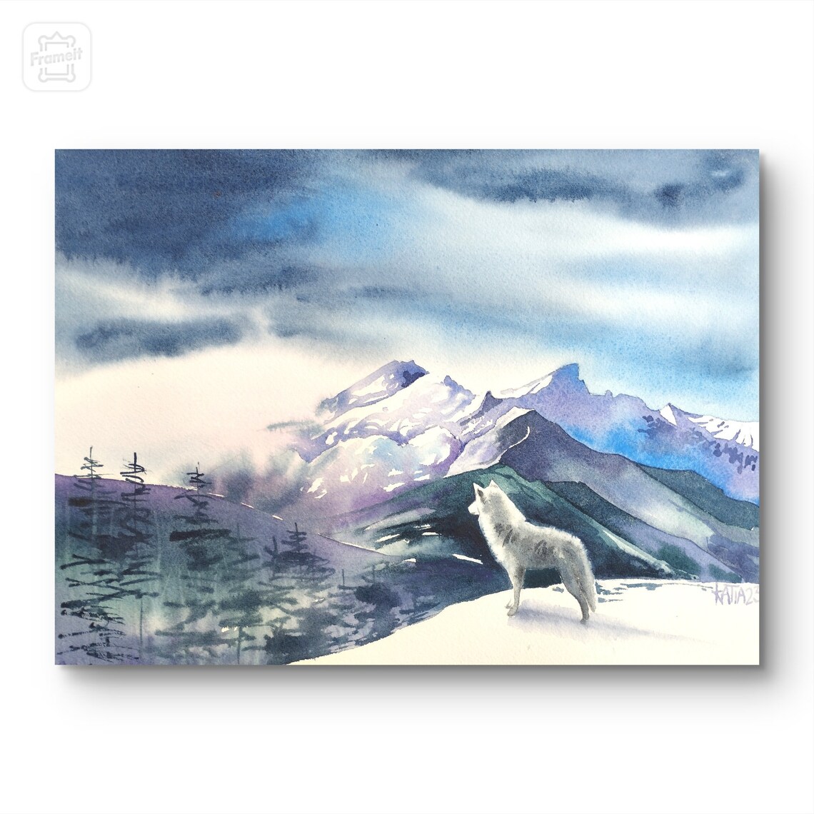 White Wolf on Snowy Mountain Peak Blue Watercolor Winter Wildlife Art Poster