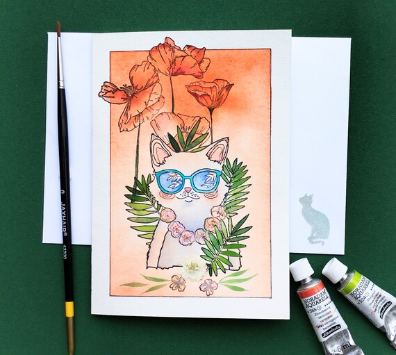White Cat In Blue Sunglasses With Poppies Watercolor Fun Cat Art Poster