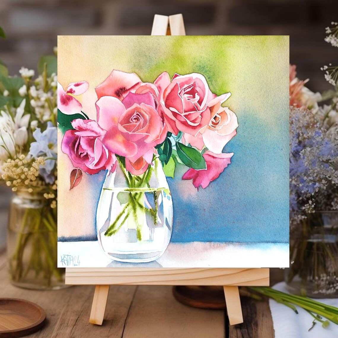 Pink Rose Bouquet In A Glass Vase Watercolor Floral Still Life Art Poster