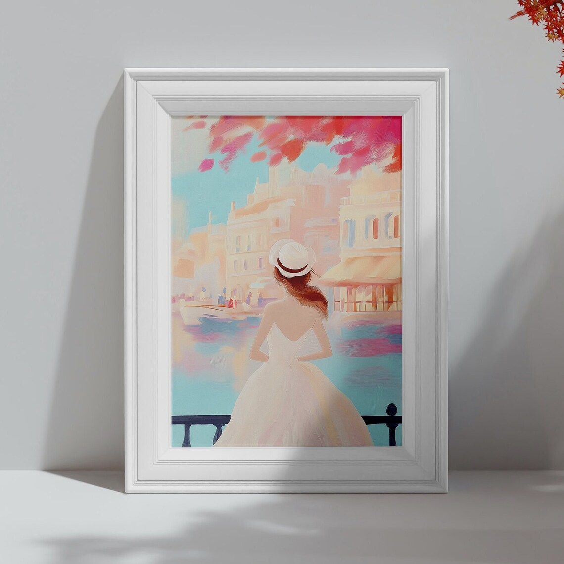 Woman in White Dress Overlooking a Canal City Summer Travel Art Poster - Image 4
