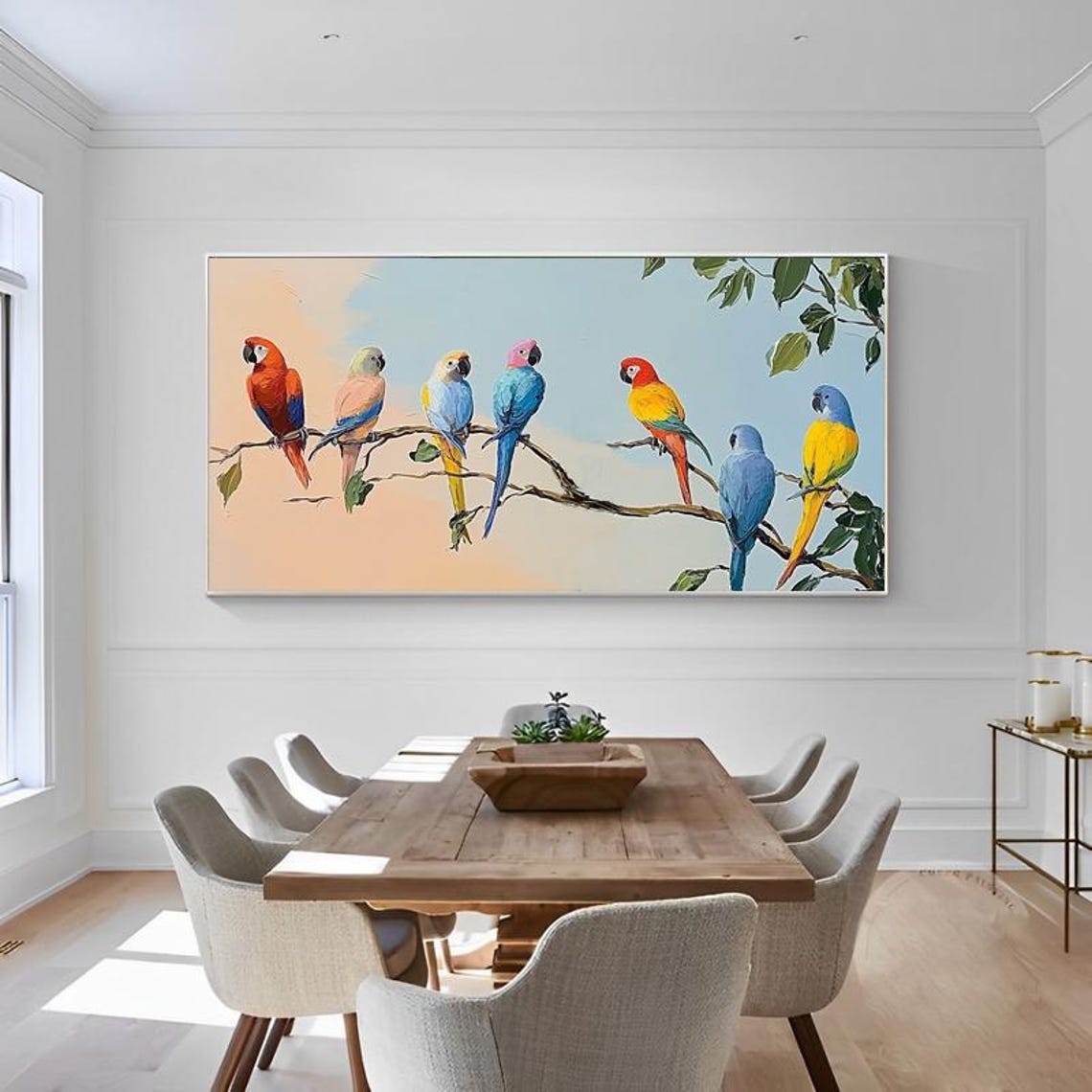 Eight Rainbow Parrots Perched on Leafy Branches Panoramic Poster - Image 4