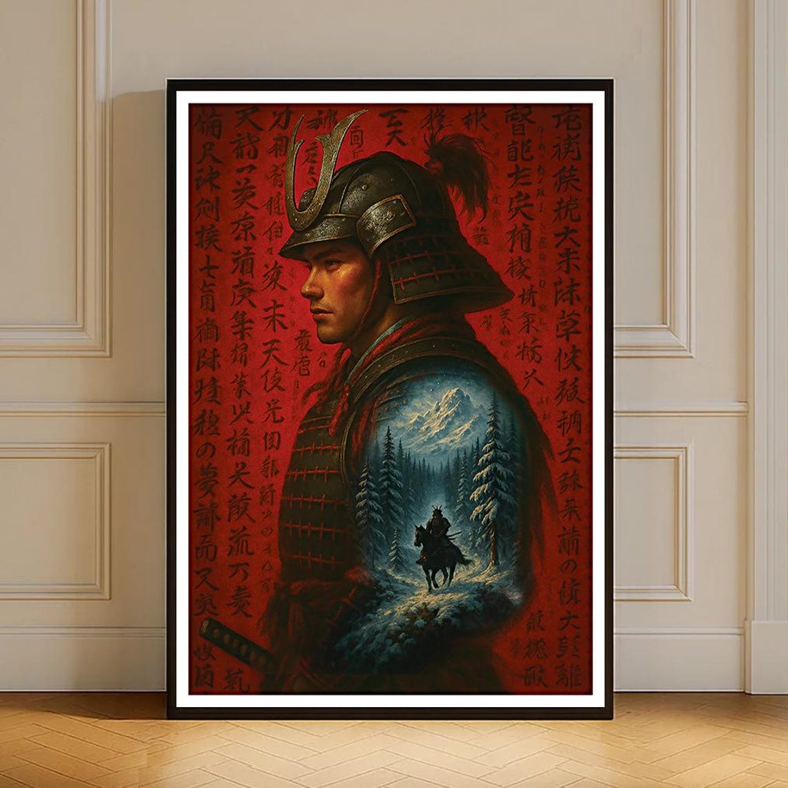 Epic Samurai Warrior Red Background Japanese Calligraphy Art Print