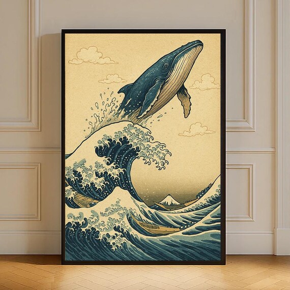 Humpback Whale Breaching Over Great Wave Japanese Ukiyo-e Art Print