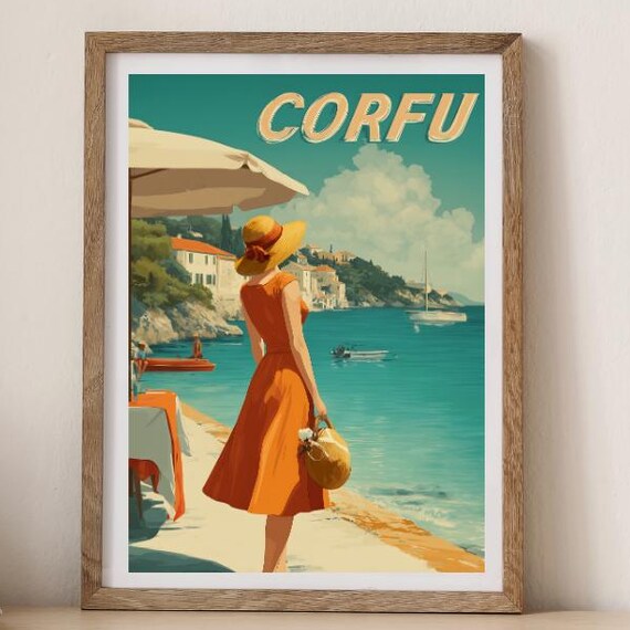 Corfu Greece Vintage Travel Style Woman on Waterfront Seaside Poster