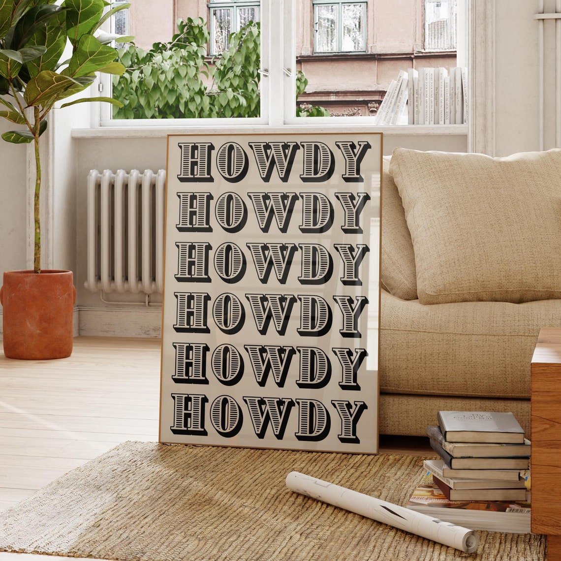 Howdy Repeat Western Typography Cream Neutral Cowboy Wall Poster