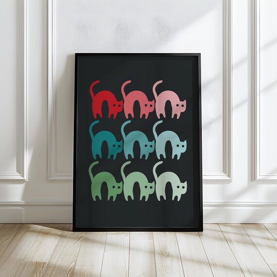 Colorful Arch Cats Playful Modern Illustration on Black Poster