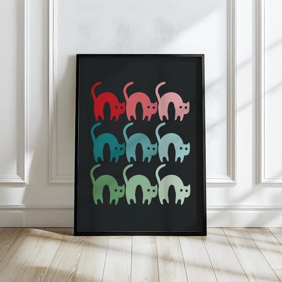 Minimalist Colorful Cat Print Playful Illustration Funny Animal Wall Art For Kids Room Decor