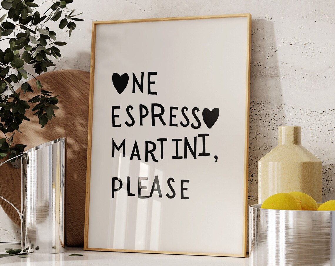 Black Heart Martini Quote Cocktail Bar Cart Typography Poster