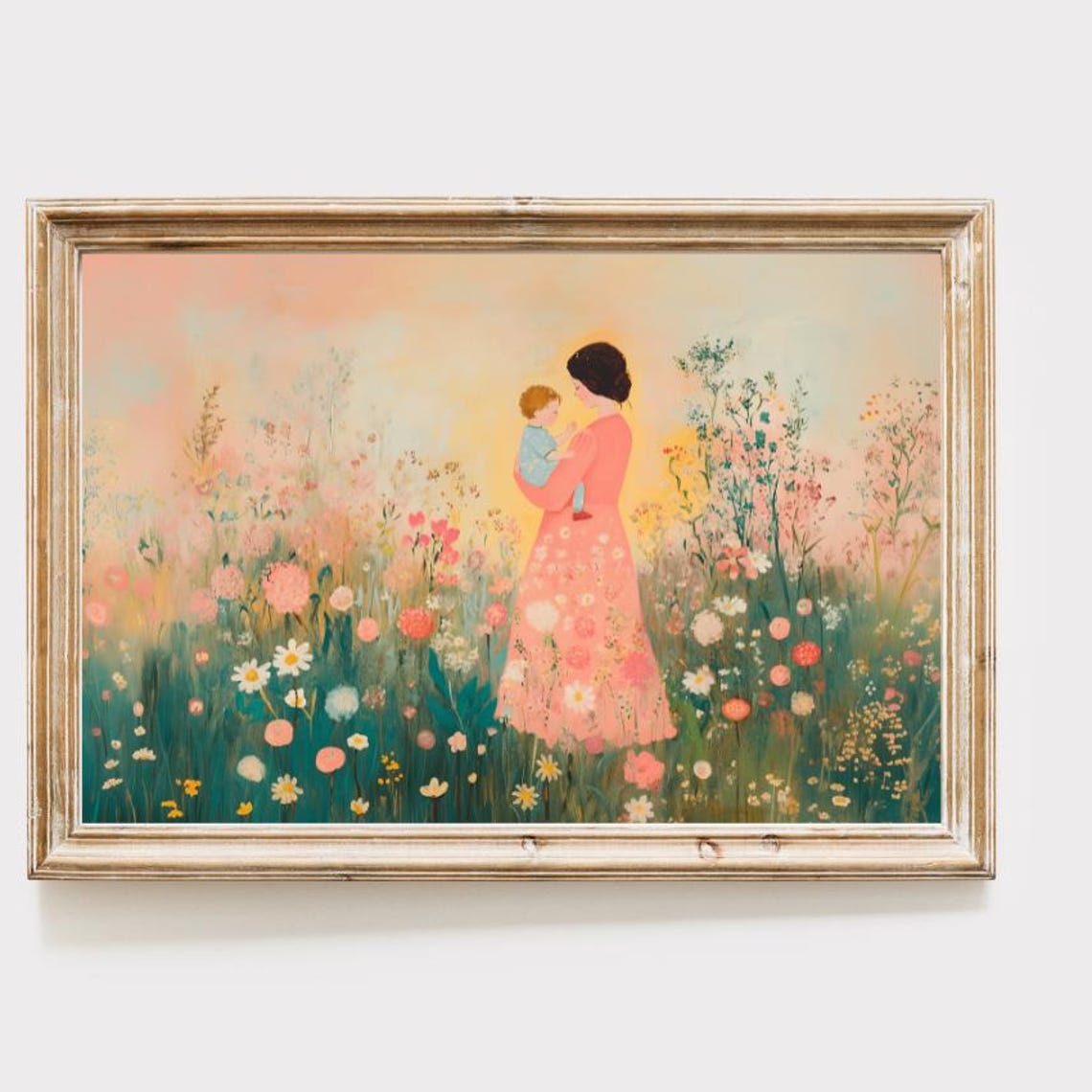 Mother and Child Riding Bicycle Through White Daisy Field Poster