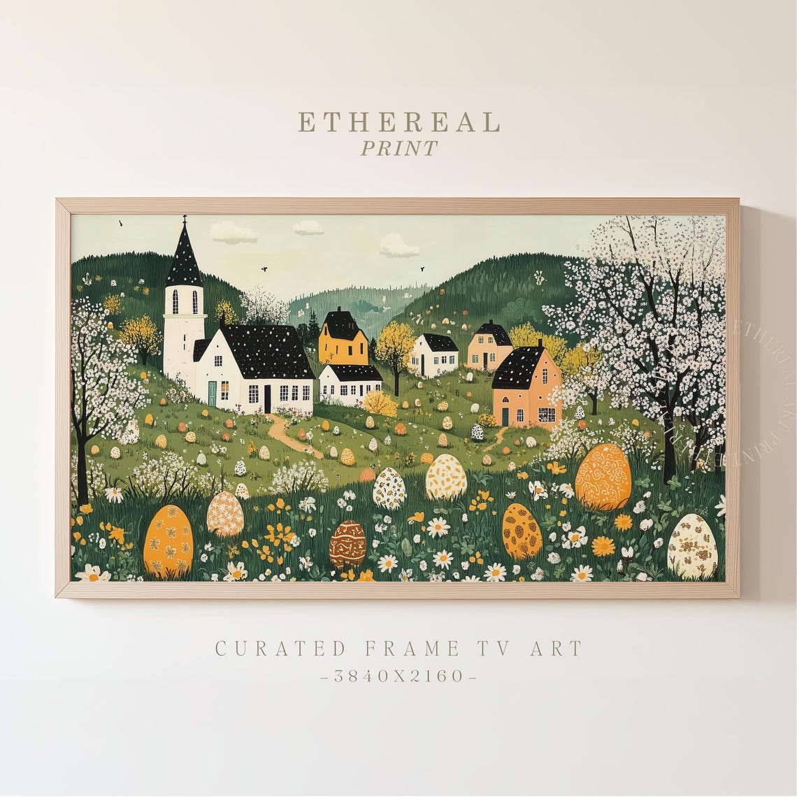 Folk Art Easter Village Church With Decorated Eggs Spring Wall Art