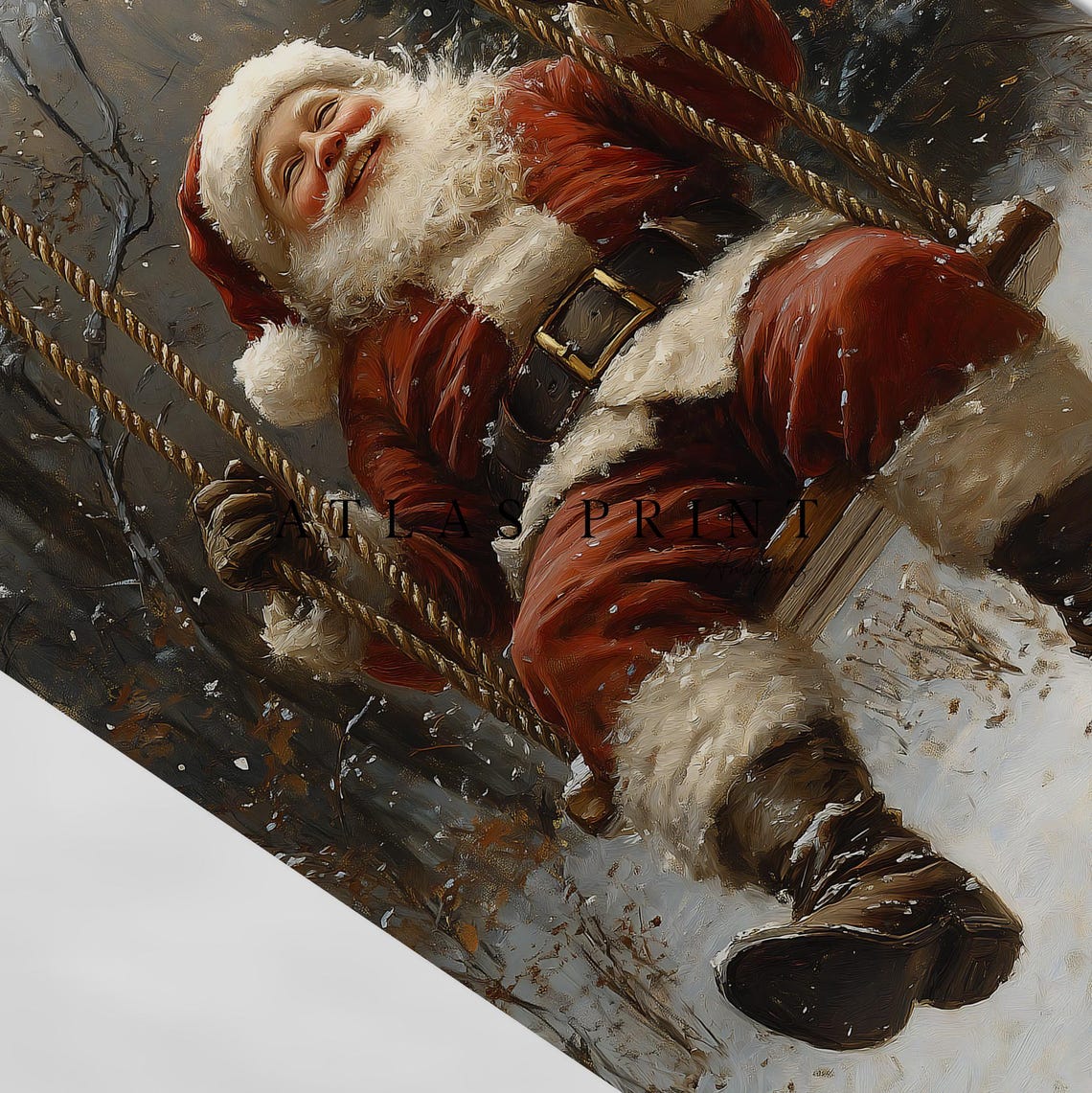 Santa Claus On Swing In Snowy Forest Christmas Painting Wall Art - Image 4