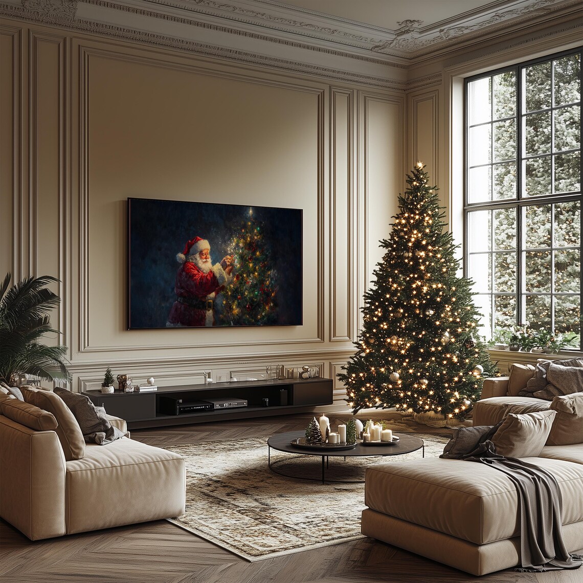 Santa Hanging Ornaments Lit Christmas Tree Festive Painting Wall Art - Image 2
