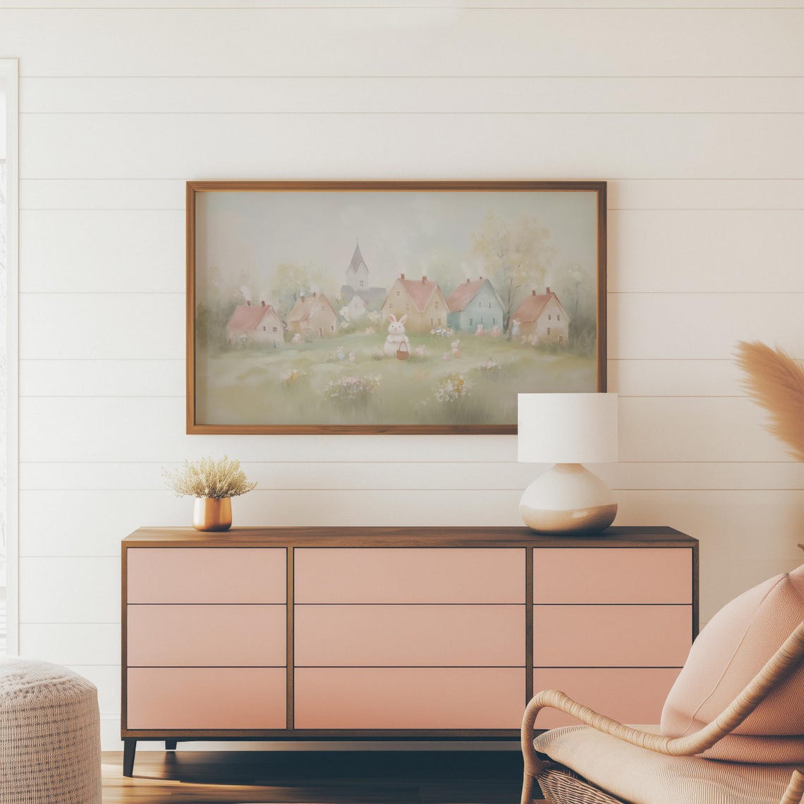 White Bunny With Basket Easter Village Spring Celebration Wall Art - Image 3