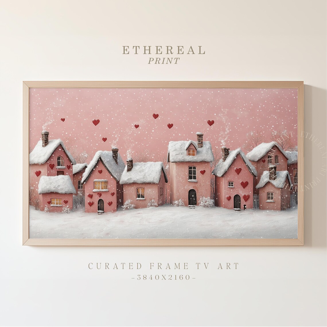 Cozy Pink Cottages With Hearts In Snow Valentines Day Frame Tv Art