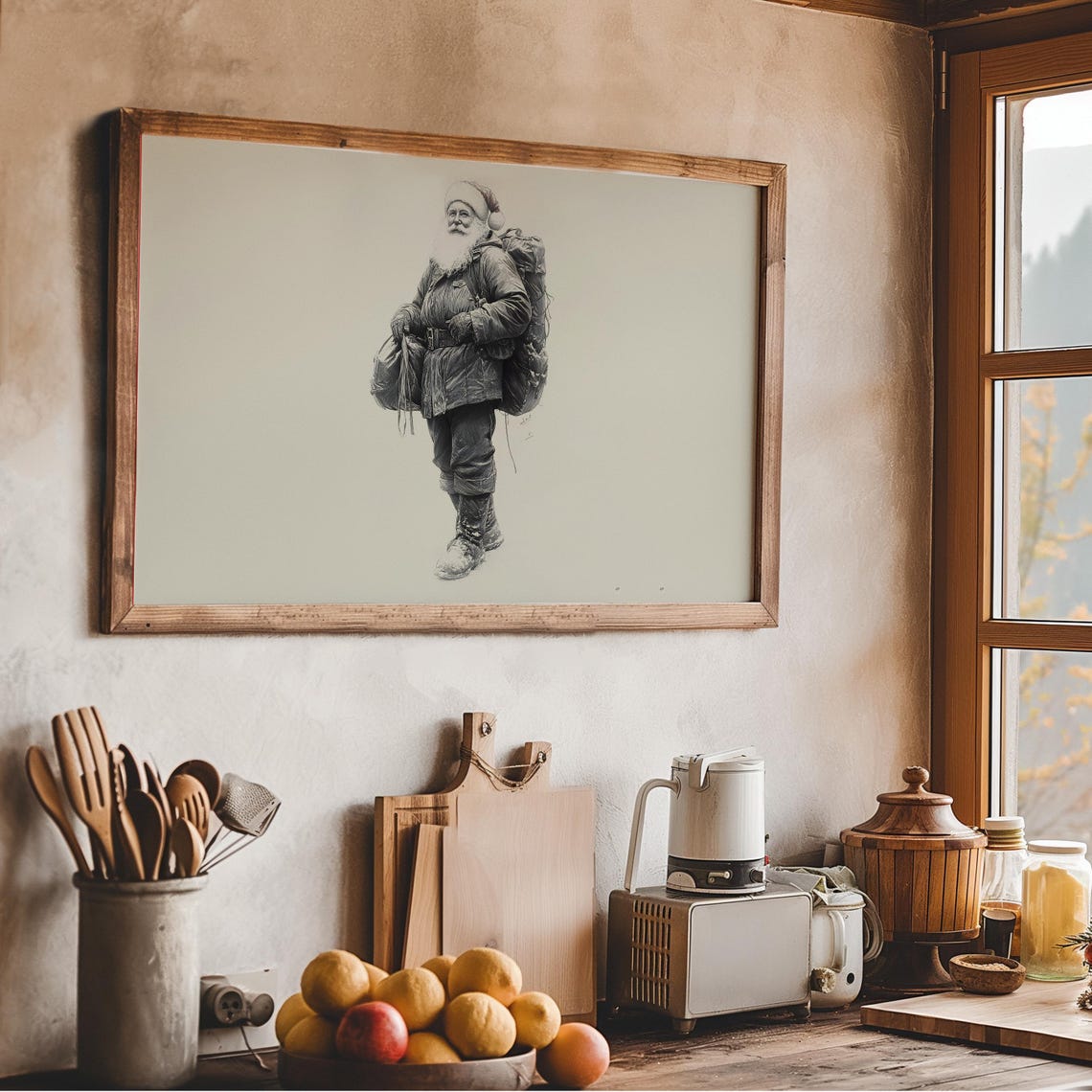 Santa Claus Hiker Sketch With Backpack Vintage Drawing Wall Art - Image 3