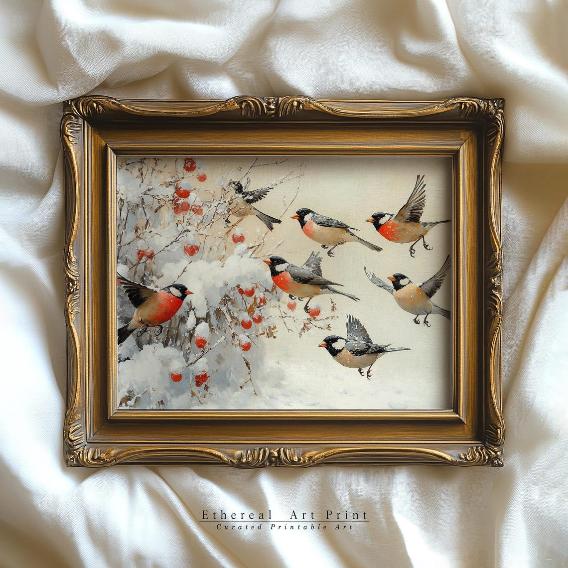Red Breasted Winter Birds Snowy Berry Branches Painting Wall Art - Image 3