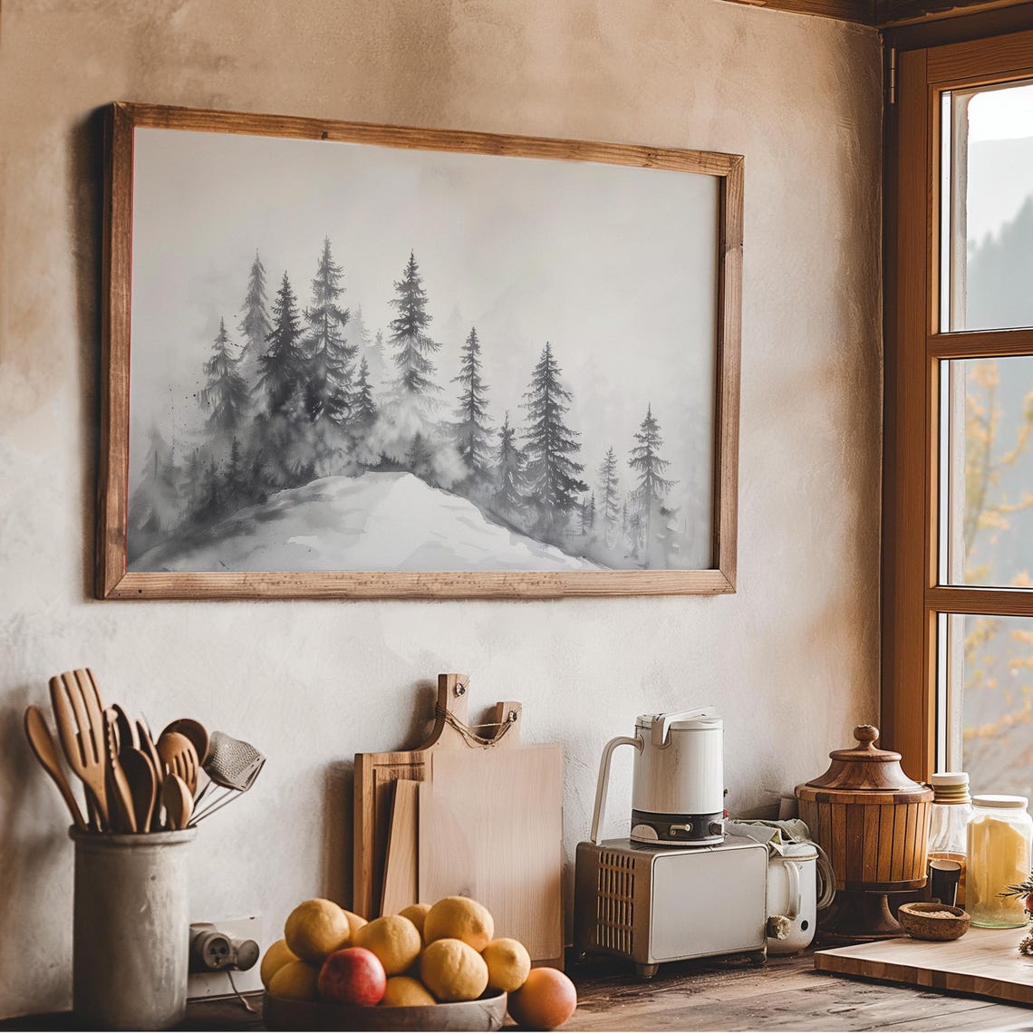 Misty Gray Pine Forest Sketch Snowy Winter Trees Foggy Wall Art - Image 2