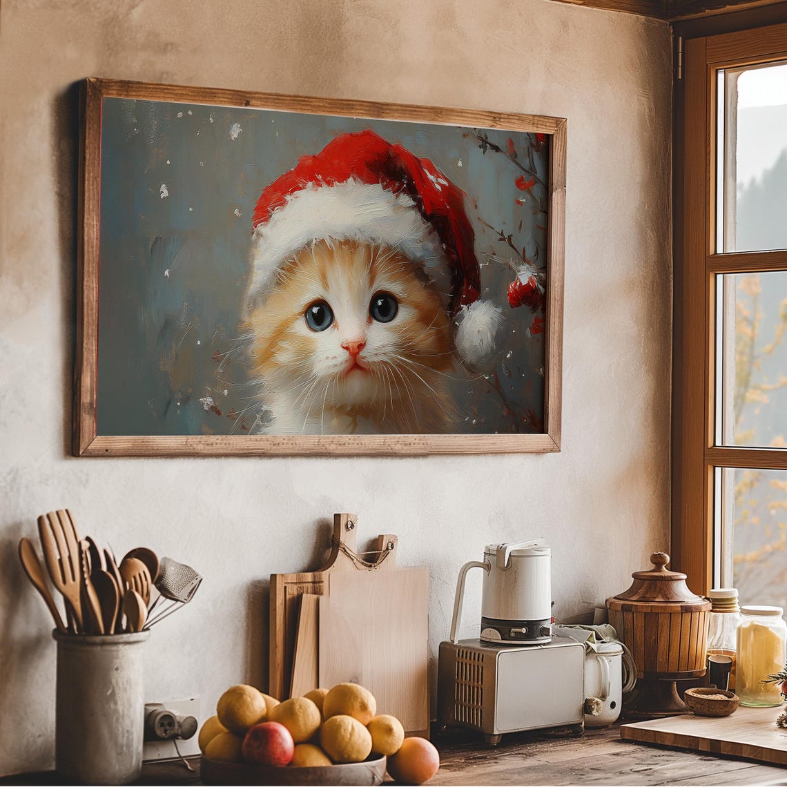 Cute Kitten In Santa Hat Painting Frame Tv Art Nursery Christmas Decor Vintage Baby Cat Oil Painting Frame Tv Xmas Screensaver - Image 2