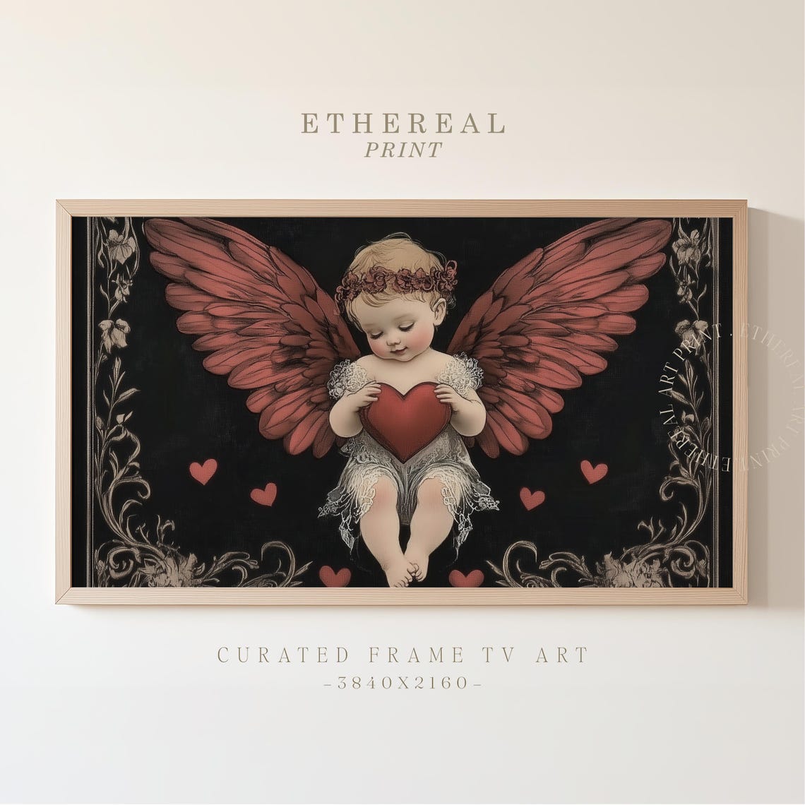 Vintage Cupid Holding Red Heart Dark Romantic Valentines Tv Art