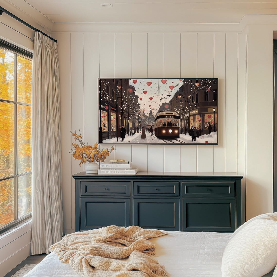 Snowy Evening Street Tram With Heart Garlands And Lights Art Print - Image 2