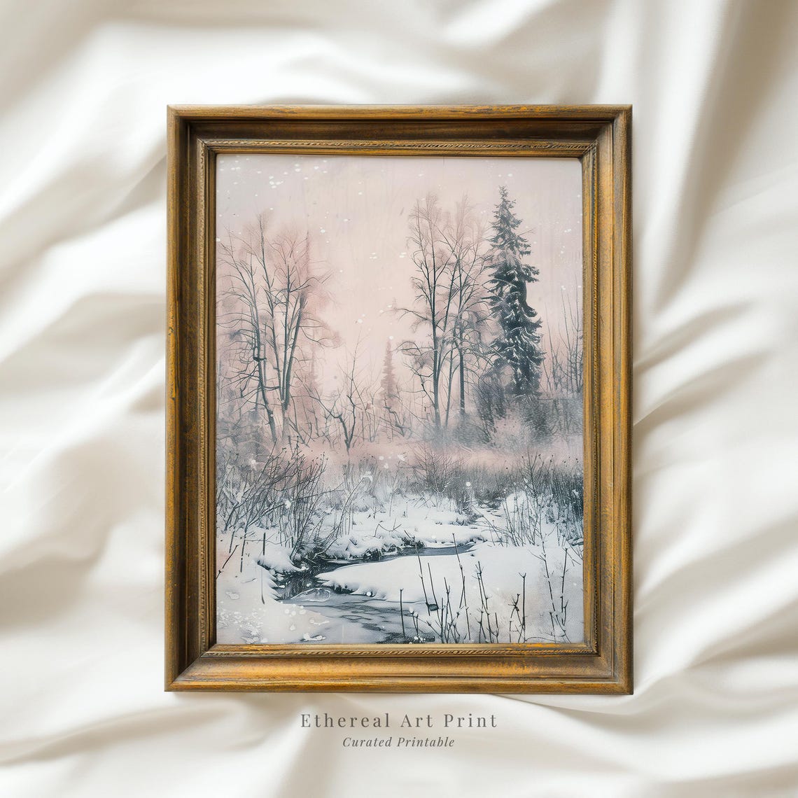 Blush Pink Winter Landscape Frozen Stream Snowy Trees Wall Art
