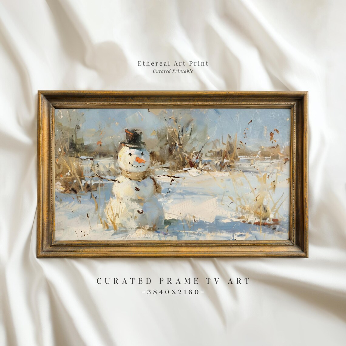 Impressionist Snowman Snowy Meadow Winter Oil Painting Wall Art