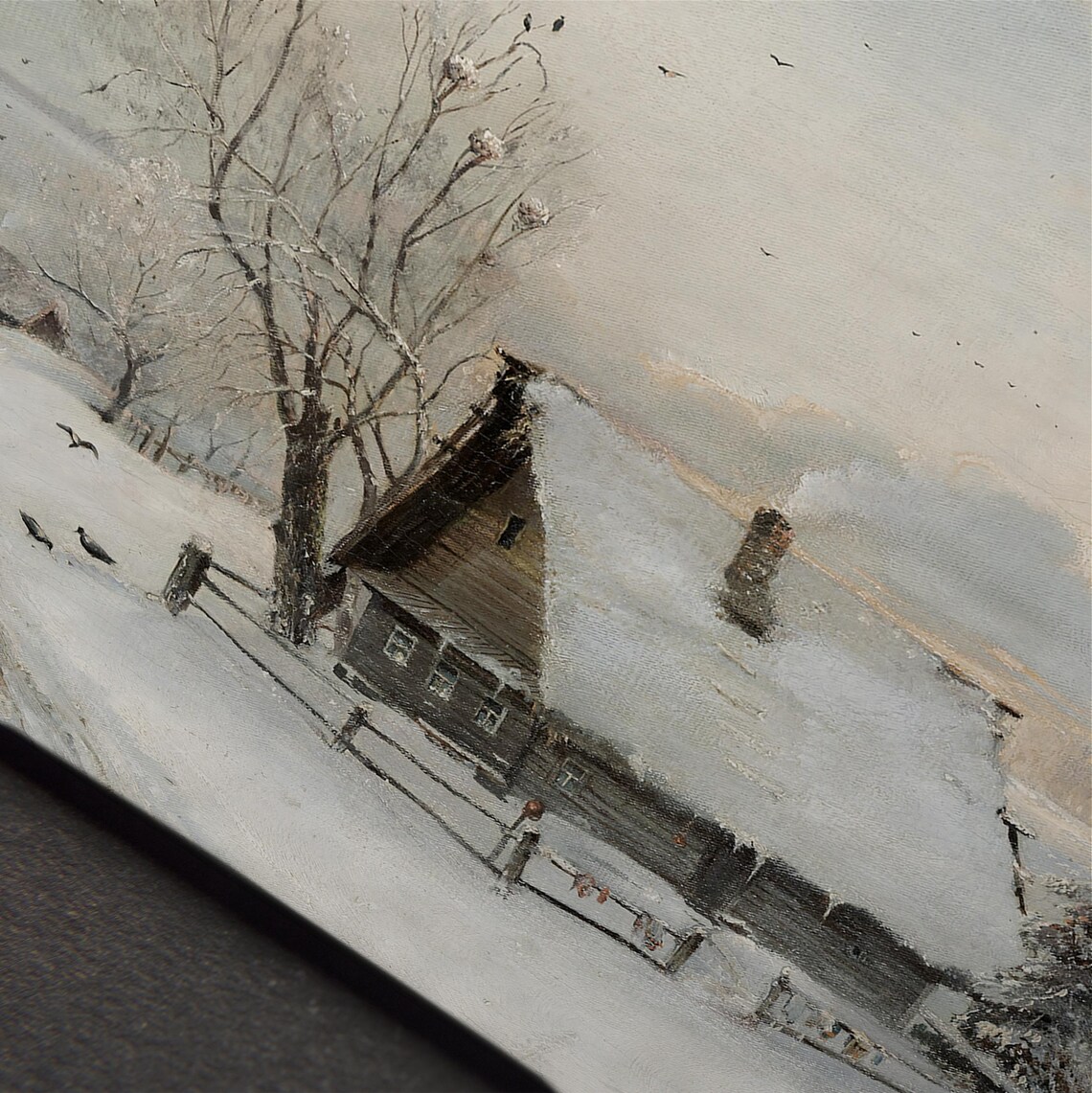Snowy Winter Cottage Smoke Rising Chimney Vintage Painting Art Print - Image 4