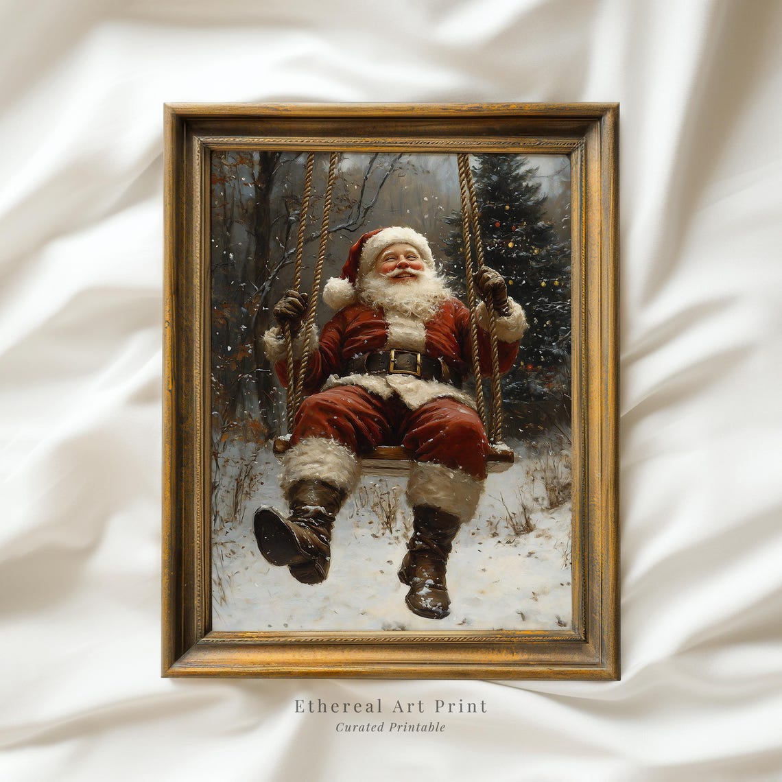 Santa Claus On Swing In Snowy Forest Christmas Painting Wall Art