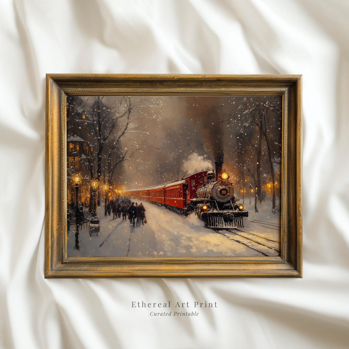 Steam Train Snowy Street Station Lamplight Winter Evening Print