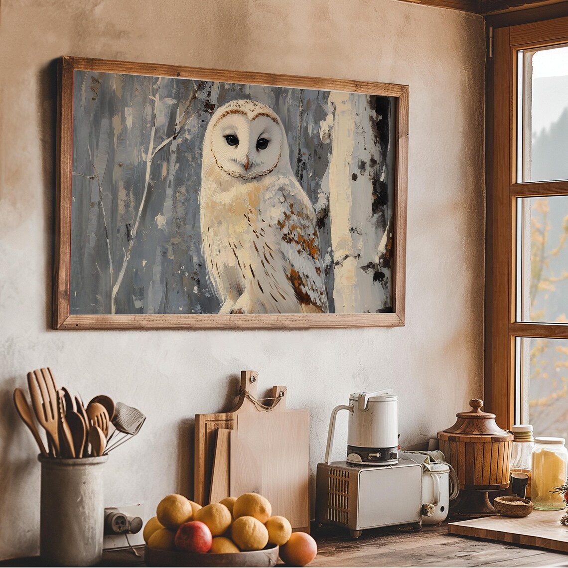 Serene White Owl Snowy Birch Forest Winter Wildlife Portrait Print - Image 3