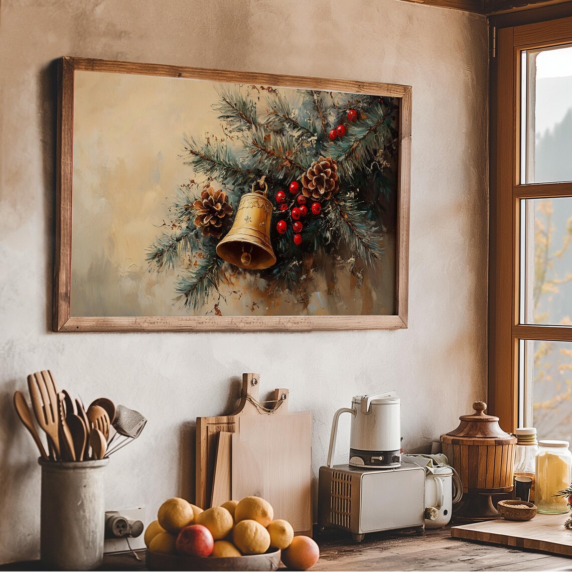 Golden Christmas Bell Pine Cones Berries Winter Forest Art Poster - Image 2