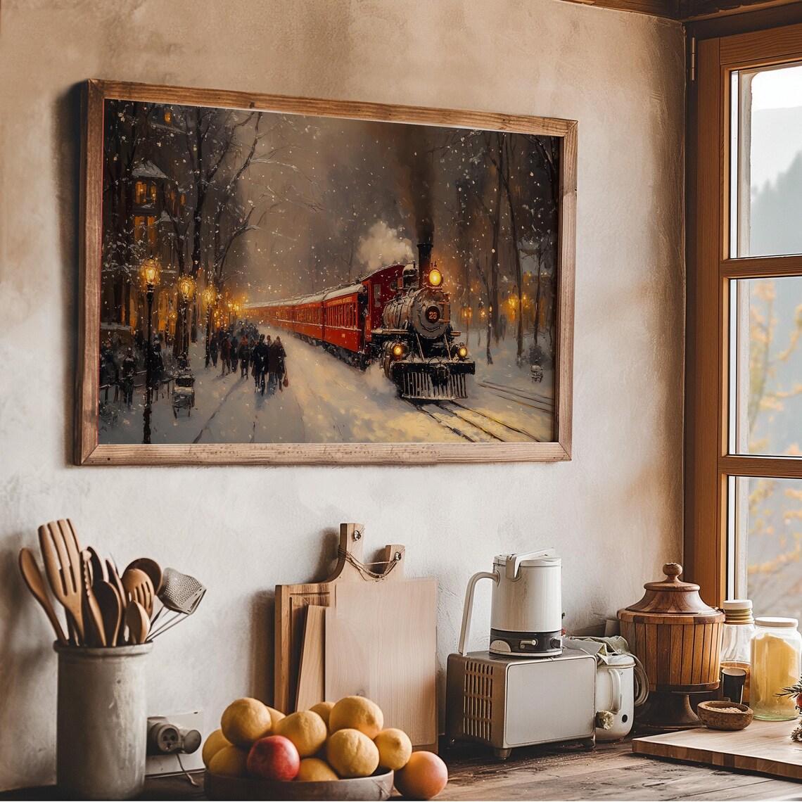 Red Steam Locomotive Snowy Station Night Crowd Holiday Wall Art - Image 2