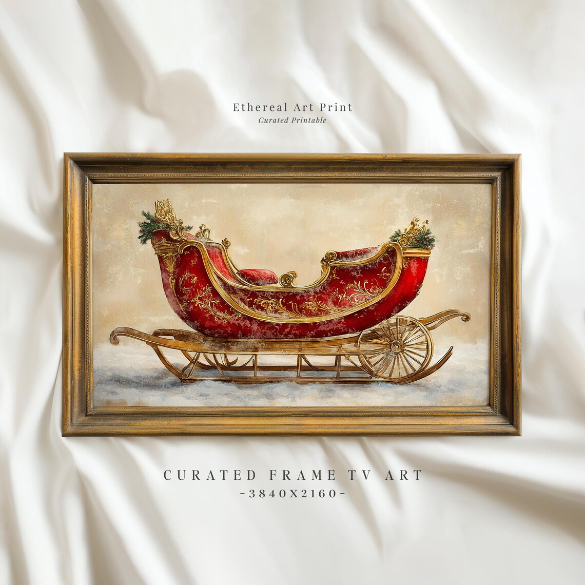 Antique Santa Sleigh Red Gold Ornate Snow Scene Painting Wall Art