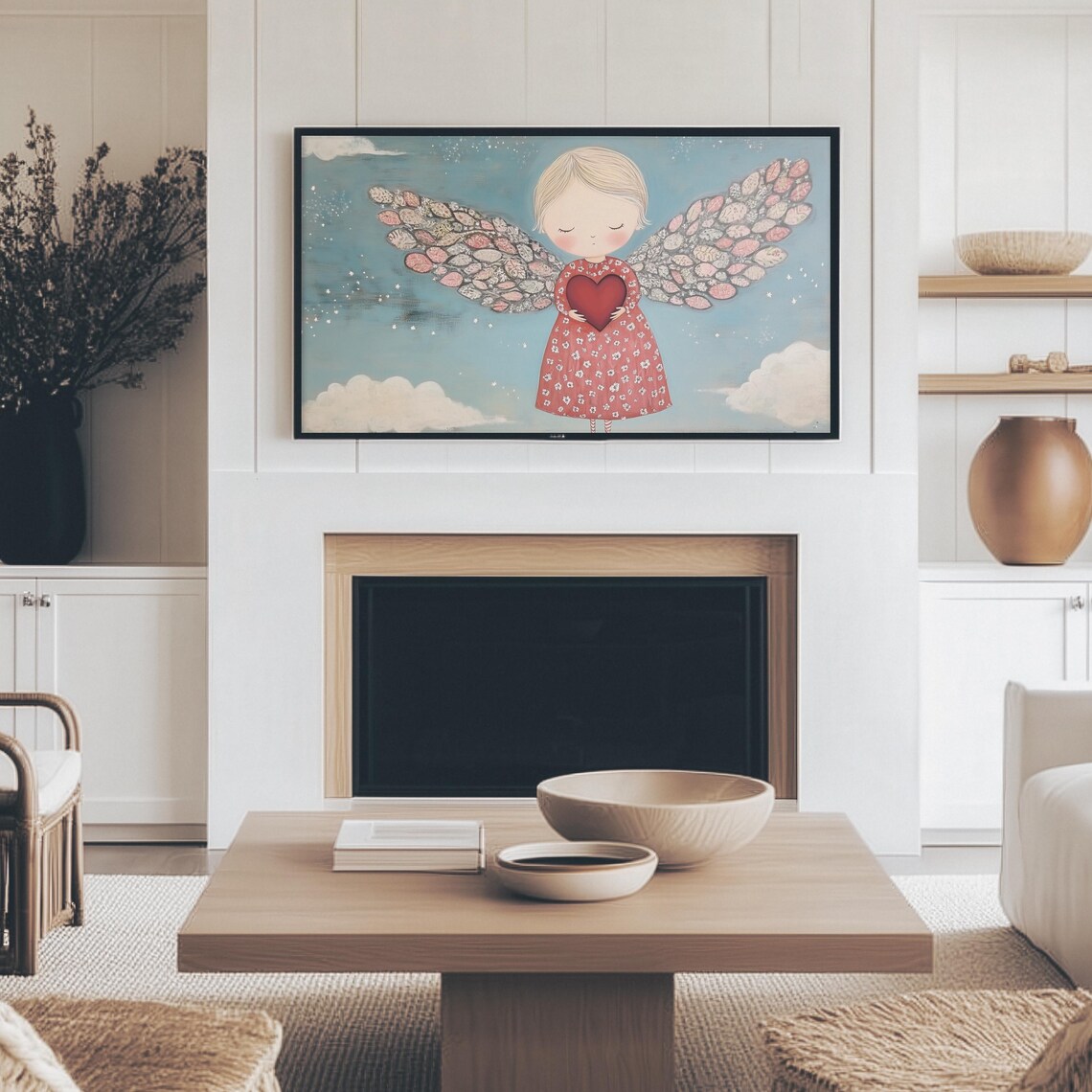 Blonde Angel in Red Dress With Leaf Wings Starry Night Art Print - Image 4