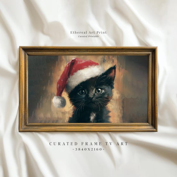 Black Kitten With Santa Hat Frame Tv Art Vintage Christmas Frame Tv Cute Baby Cat Oil Painting Frame Tv Holiday Screensaver Decor