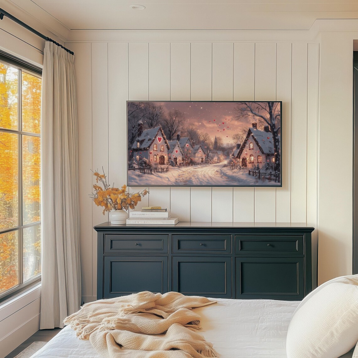 Snowy Village At Sunset With Floating Hearts Winter Romance Wall Art - Image 3