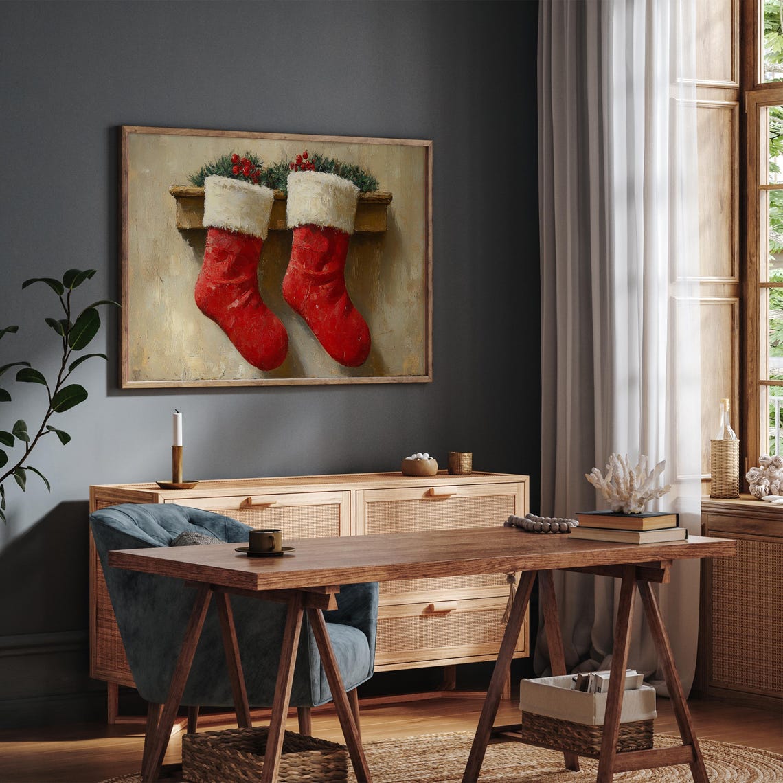 Vintage Red Christmas Stockings Hanging On Rustic Mantel Wall Poster - Image 3