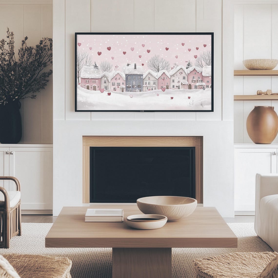 Snowy Pink Village Falling Hearts Valentines Day Frame Tv Art - Image 3