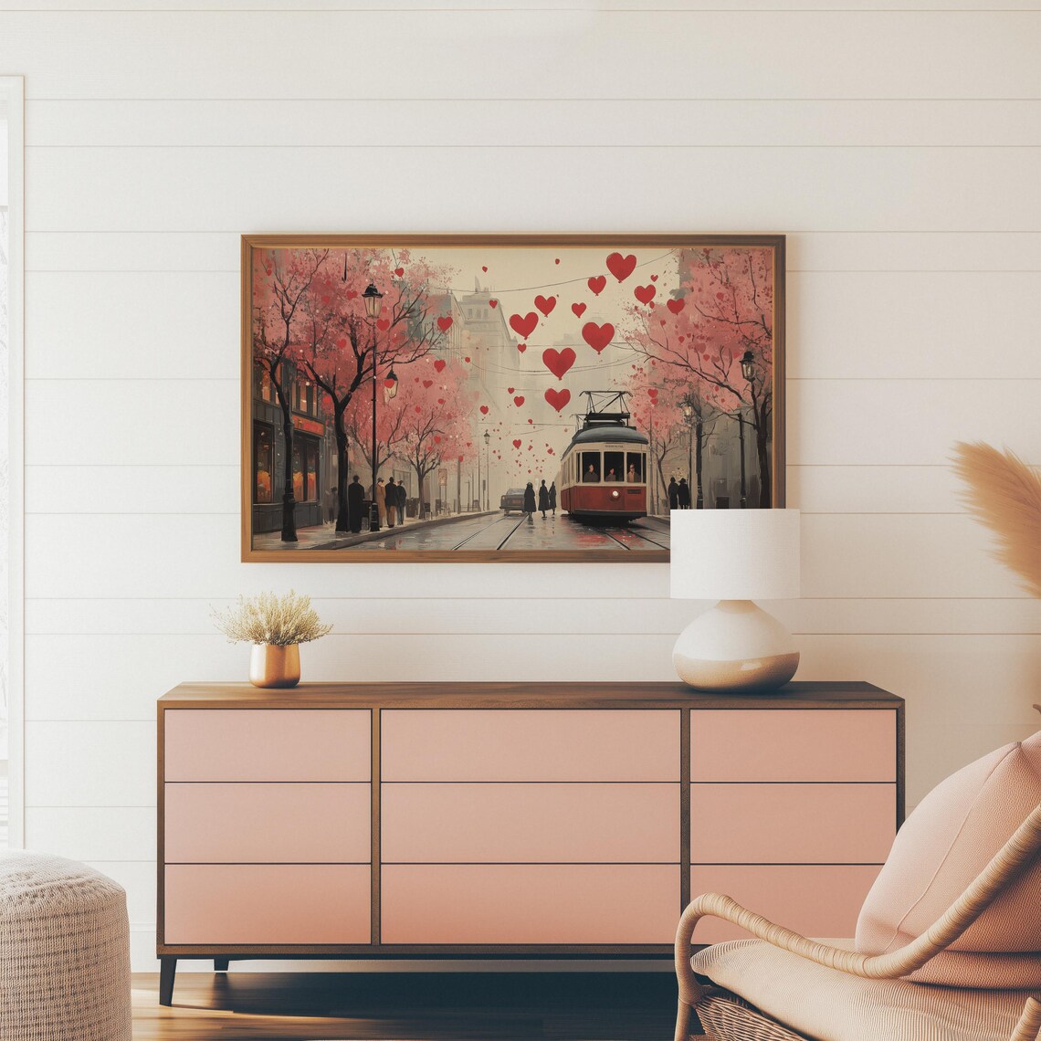 Vintage Tram On Rainy Blossom Street With Floating Hearts Art Print - Image 4