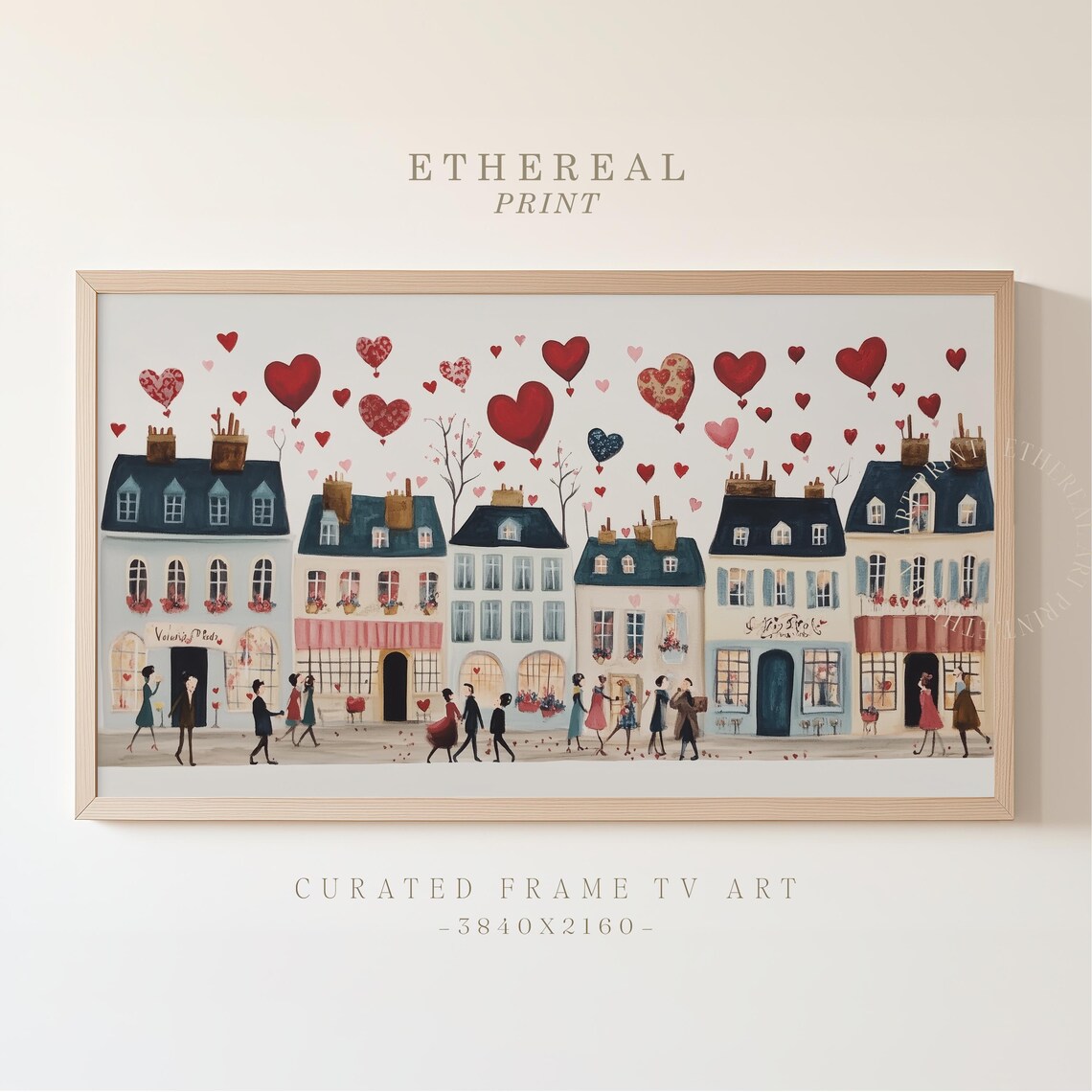 Parisian Street With Floating Red Hearts Romantic City Scene Wall Art