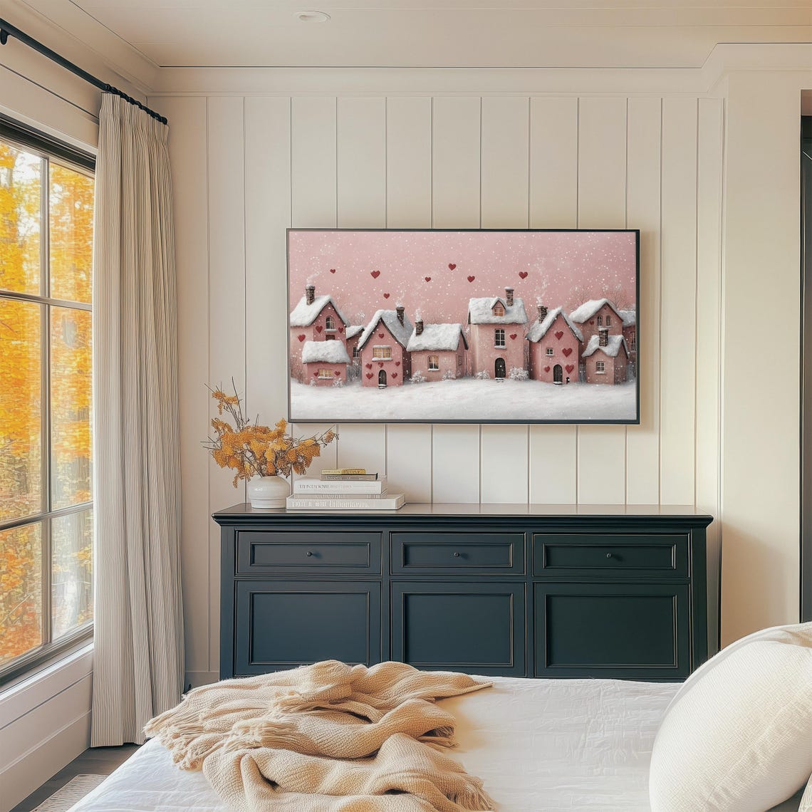 Cozy Pink Cottages With Hearts In Snow Valentines Day Frame Tv Art - Image 3