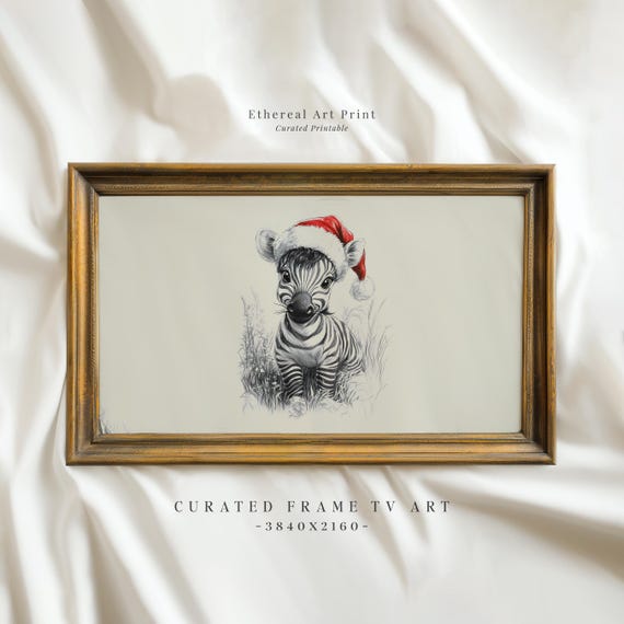 Vintage Zebra Santa Hat Sketch Frame Tv Art Neutral Christmas Nursery Holiday Decor Winter Frame Tv Cute Baby Zebra Drawing