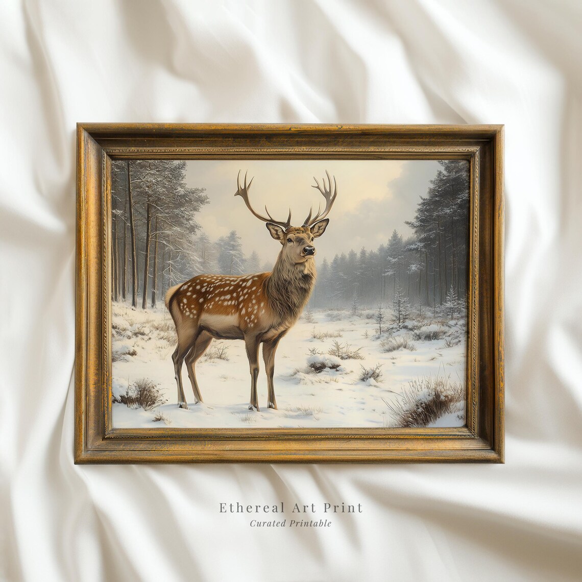 Spotted Fallow Deer Stag Snowy Pine Forest Winter Oil Painting Print